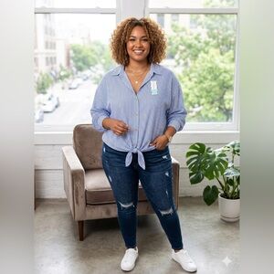 Beacon Blue & White Striped Tie-Front Button Down Shirt